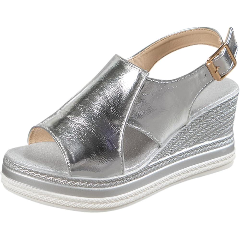 imageSandales compenses pour femme avec plateforme dt confortables avec boucle orthopdique bout ouvert Mode Espadrilles Talon Antidrapant Dcontract Flexibles Fte Mariage MarcheArgent Mtallique