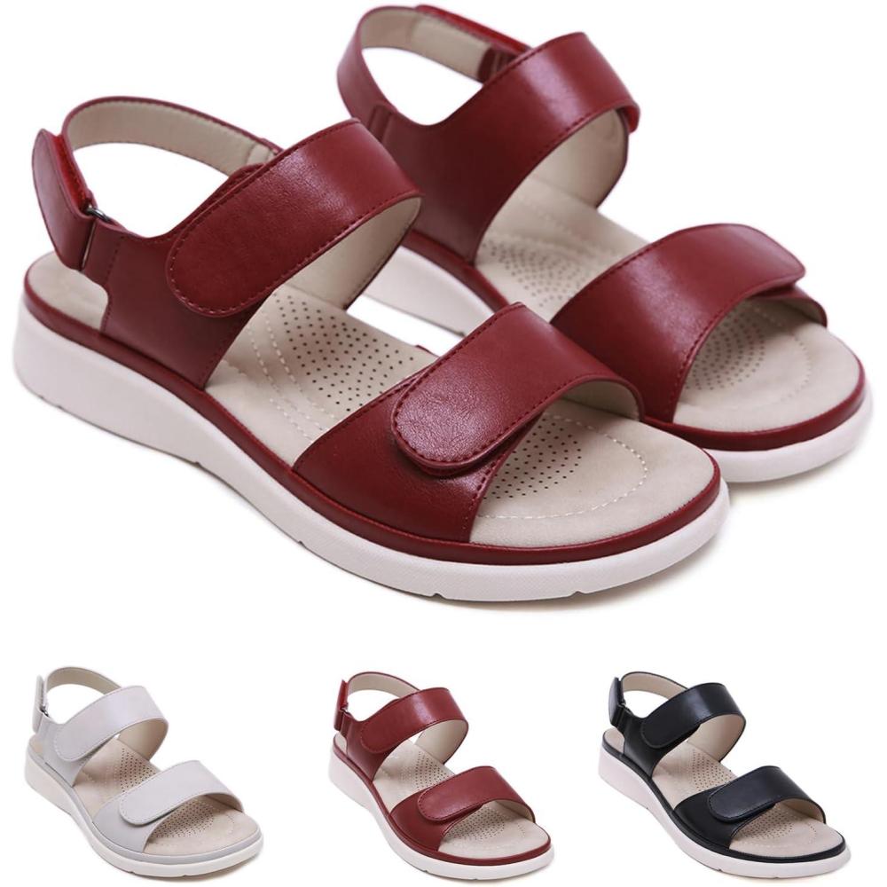imageSandales de marche femme t confortable orthopdique cuir Chaussure orthopdique femme pied large avec scratch ete Chaussures de Plage Antidrapant Respirant SandalesSizeEU 39ColorBlackRed