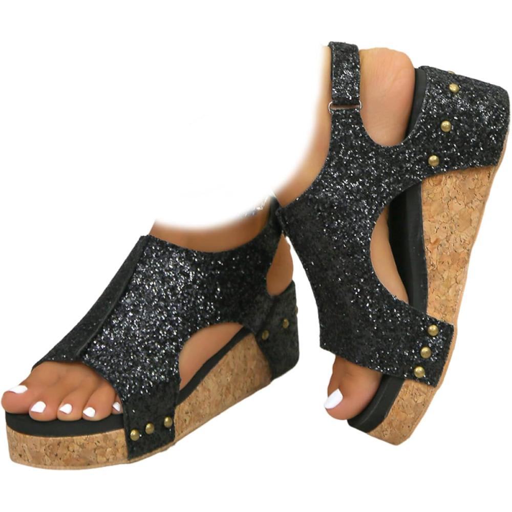 imageSandales orthopdiques compenses en cuir pour femme sandales compenses plateforme large largeur boucle la cheville sandales dt plateforme Wed ge pour femmePaillettes Noires