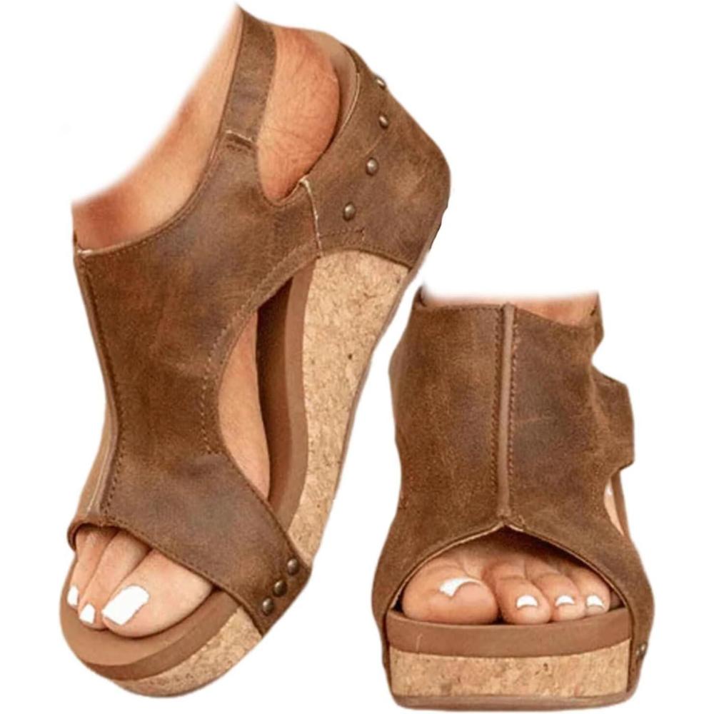 imageSandales orthopdiques compenses en cuir pour femme sandales compenses plateforme large largeur boucle la cheville sandales dt plateforme Wed ge pour femmeBrun
