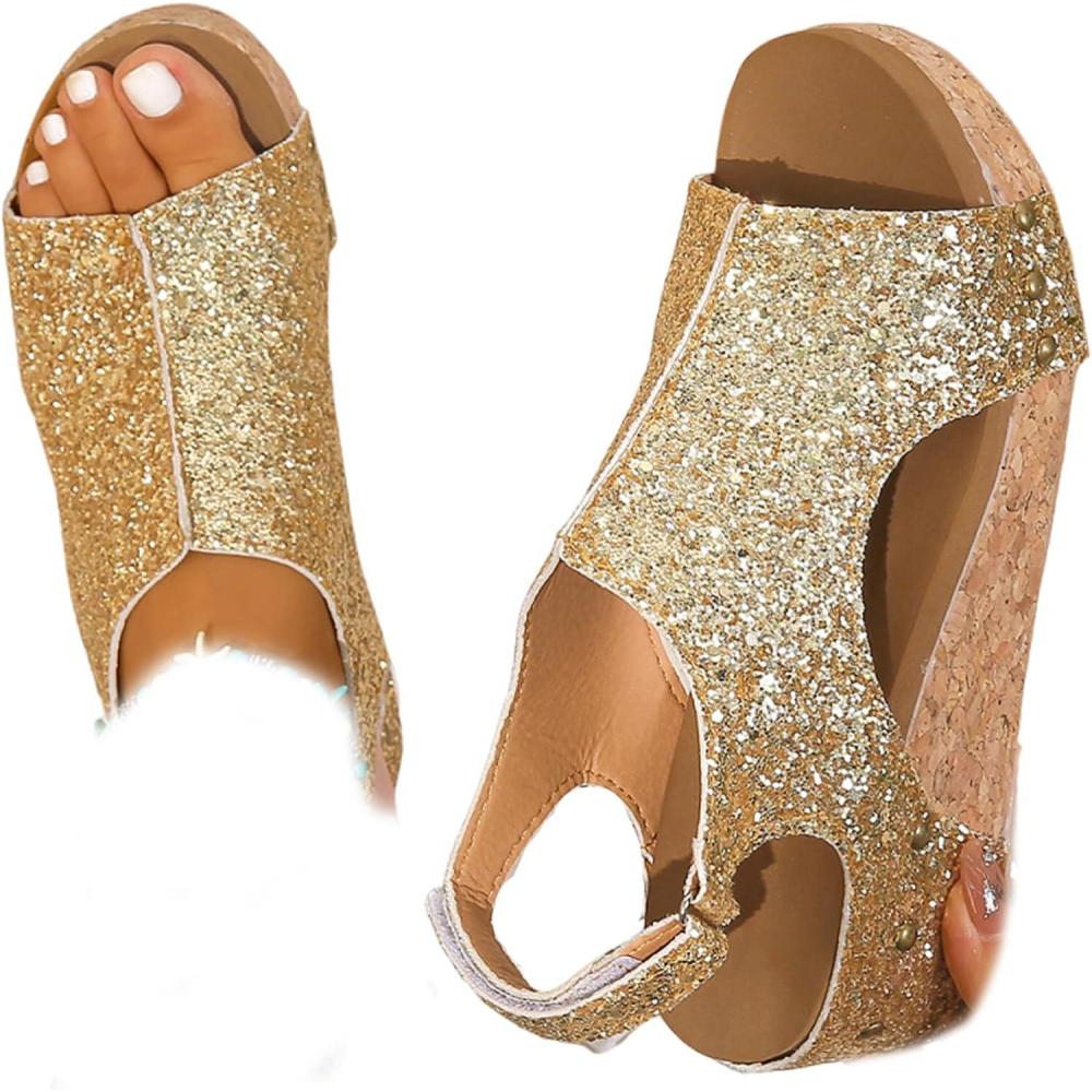 imageSandales orthopdiques compenses en cuir pour femme sandales compenses plateforme large largeur boucle la cheville sandales dt plateforme Wed ge pour femmeDor