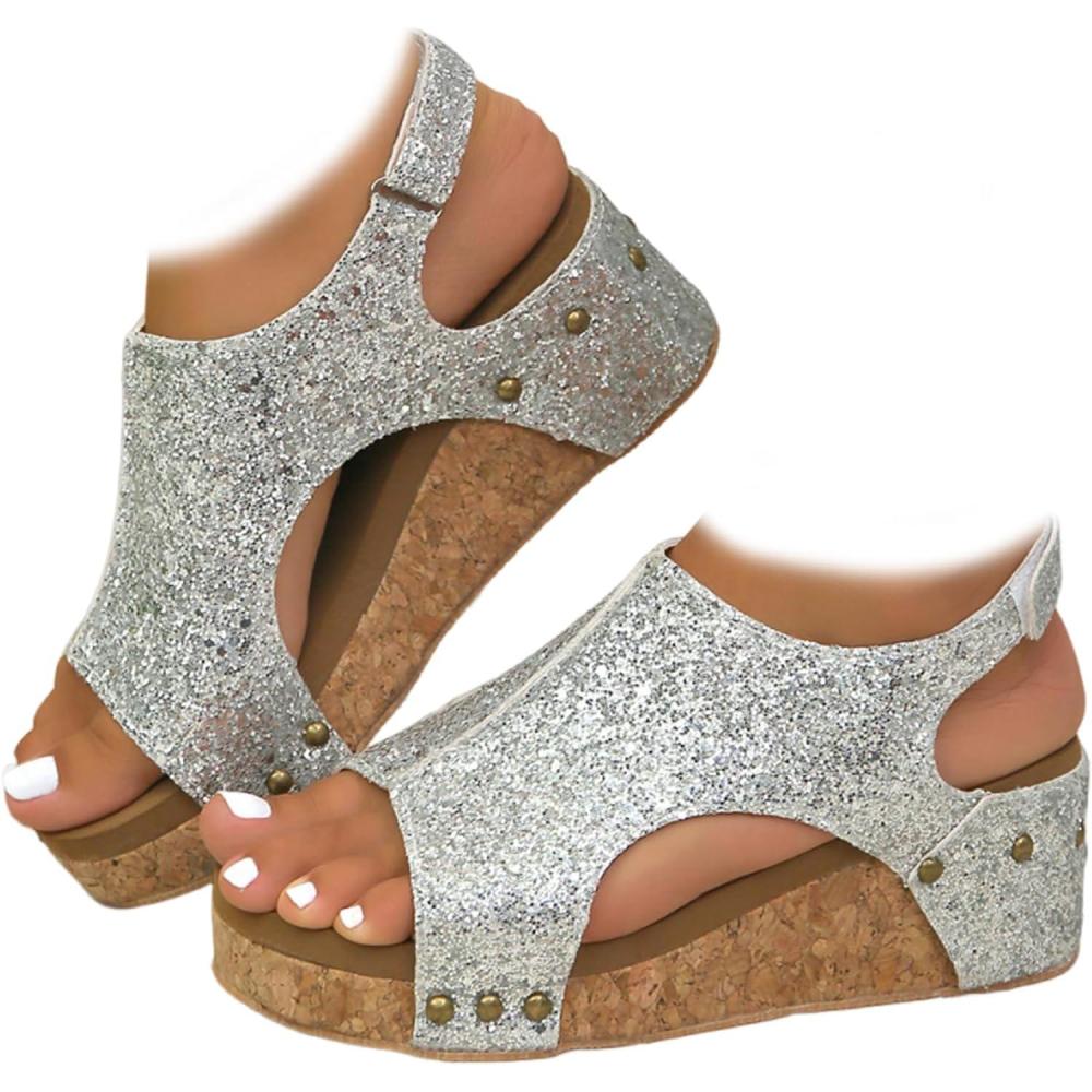 imageSandales orthopdiques compenses en cuir pour femme sandales compenses plateforme large largeur boucle la cheville sandales dt plateforme Wed ge pour femmePaillettes Argentes