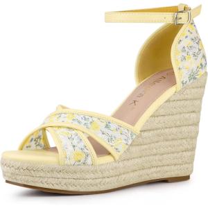 Allegra K Femmes Sandales Compensées Talon Compensé Bride Cheville Espadrille(Gelbe Blume)