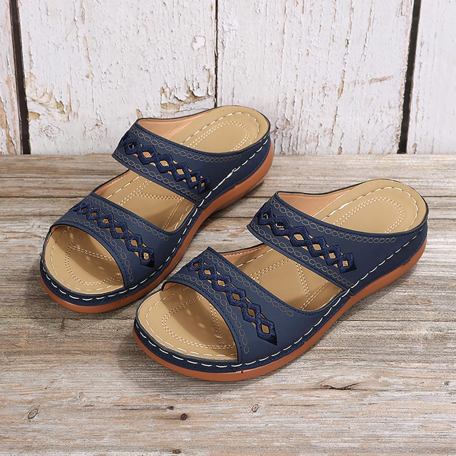 imageMules pour femme Sandales en cuir Pieds larges Chaussures dt respirantes Semelle extrieure en cuir Chaussures de jardin Sandales compenses confortables Chaussures orthopdiquesBleu Fonc