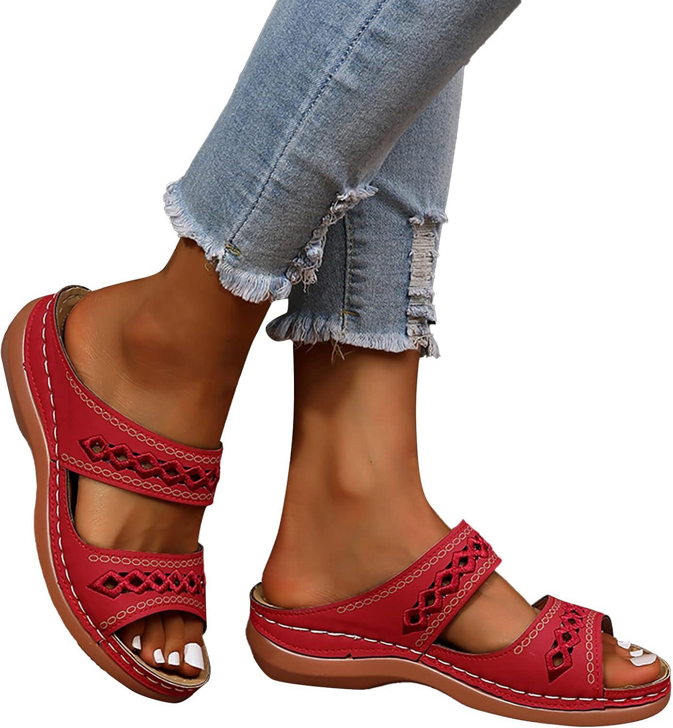 imageMules pour femme Sandales en cuir Pieds larges Chaussures dt respirantes Semelle extrieure en cuir Chaussures de jardin Sandales compenses confortables Chaussures orthopdiquesRouge