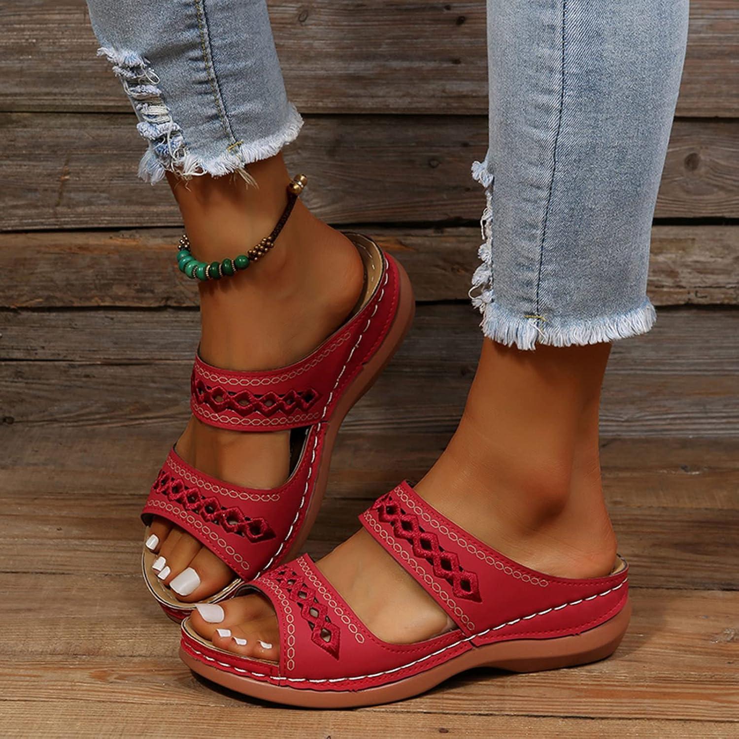 imageMules pour femme Sandales en cuir Pieds larges Chaussures dt respirantes Semelle extrieure en cuir Chaussures de jardin Sandales compenses confortables Chaussures orthopdiquesRouge