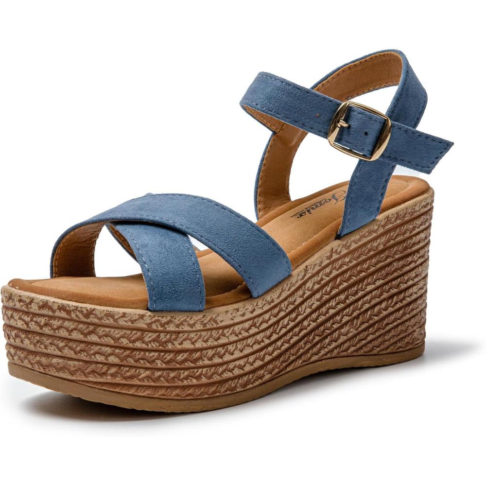 imageJOMIX Sandales Espadrilles Compenses Femme Sandale Femme Sandales Compens dt Sandale Rglable avec Boucle pour Maison Piscine PlageBleu