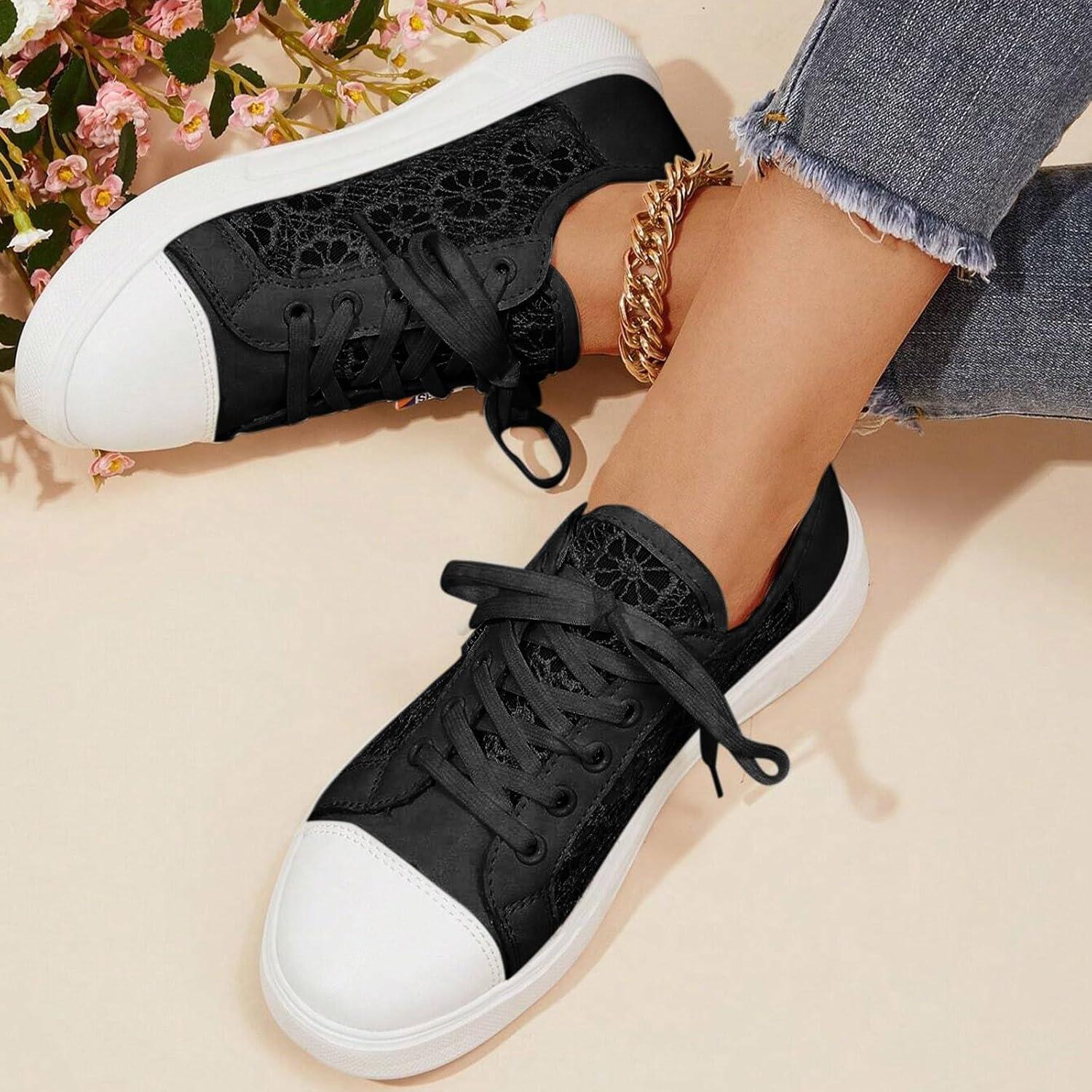 imageChaussures de loisirs pour femme Baskets orthopdiques brodes Dentelle respirante Chaussures lgantes lacets Chaussures de course lgres et sportives Chaussures plates Chaussures deNoir