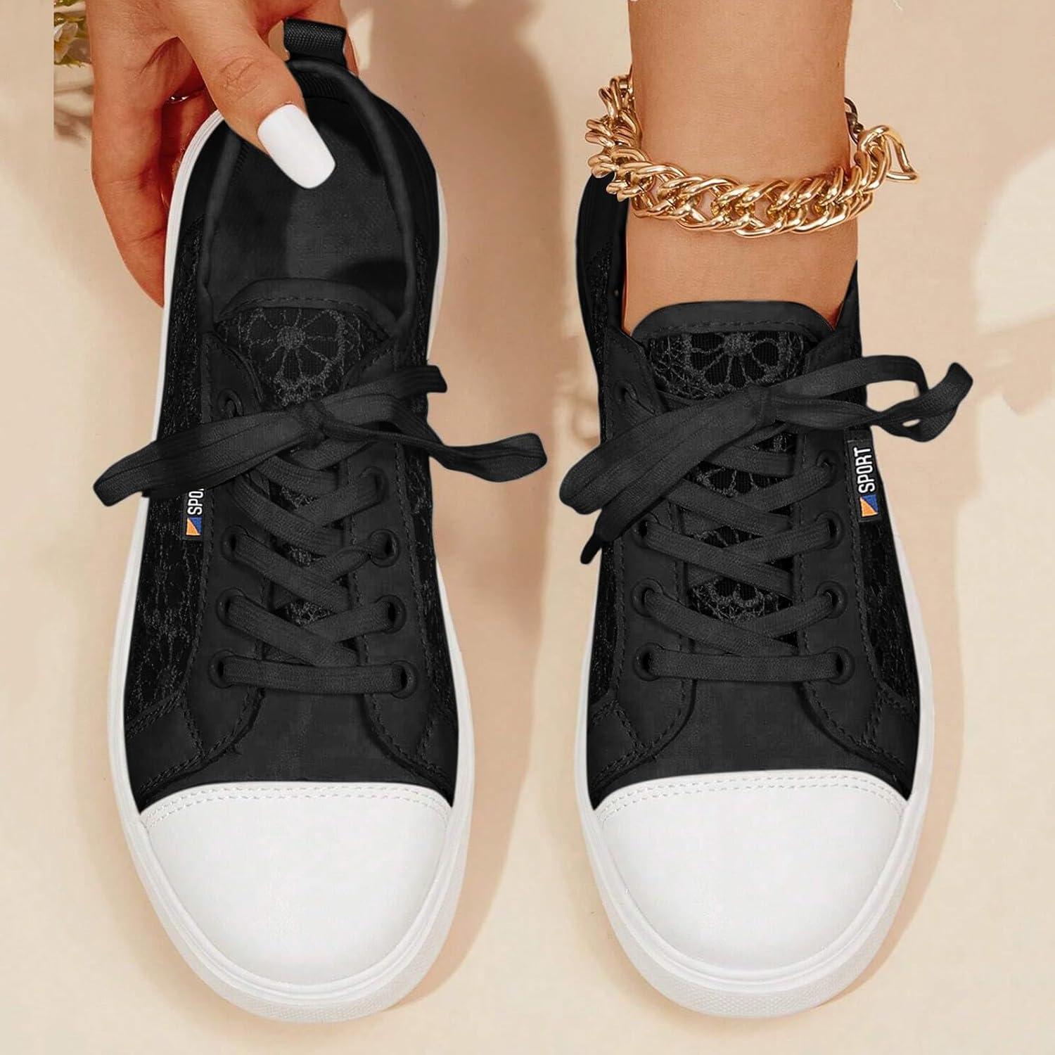 imageChaussures de loisirs pour femme Baskets orthopdiques brodes Dentelle respirante Chaussures lgantes lacets Chaussures de course lgres et sportives Chaussures plates Chaussures deNoir