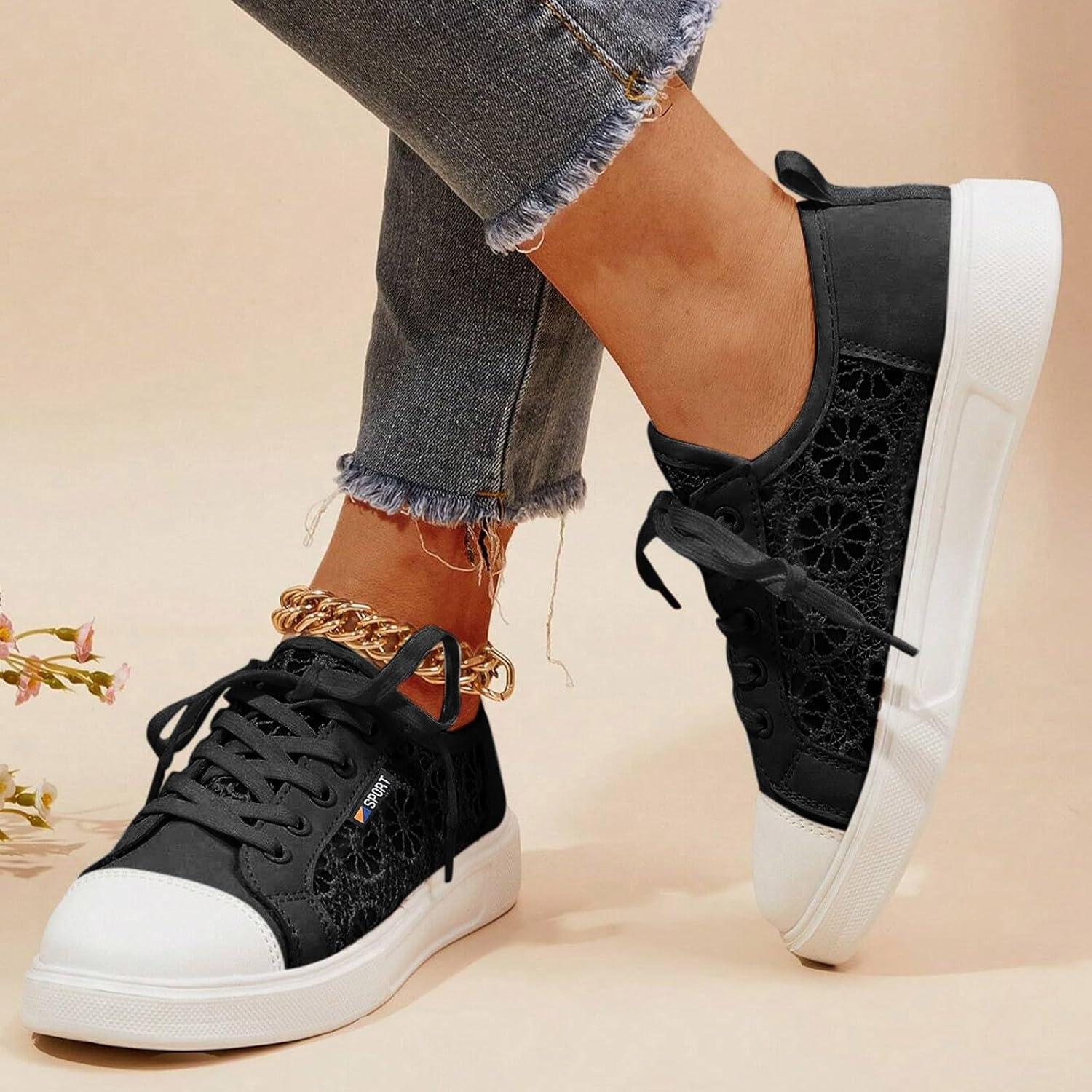 imageChaussures de loisirs pour femme Baskets orthopdiques brodes Dentelle respirante Chaussures lgantes lacets Chaussures de course lgres et sportives Chaussures plates Chaussures deNoir