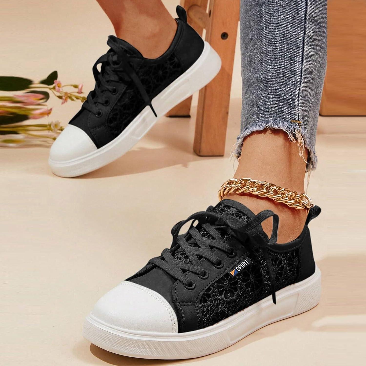 imageChaussures de loisirs pour femme Baskets orthopdiques brodes Dentelle respirante Chaussures lgantes lacets Chaussures de course lgres et sportives Chaussures plates Chaussures deNoir