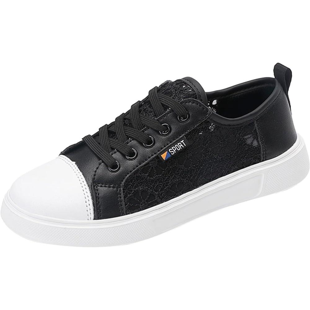 imageChaussures de loisirs pour femme Baskets orthopdiques brodes Dentelle respirante Chaussures lgantes lacets Chaussures de course lgres et sportives Chaussures plates Chaussures deNoir