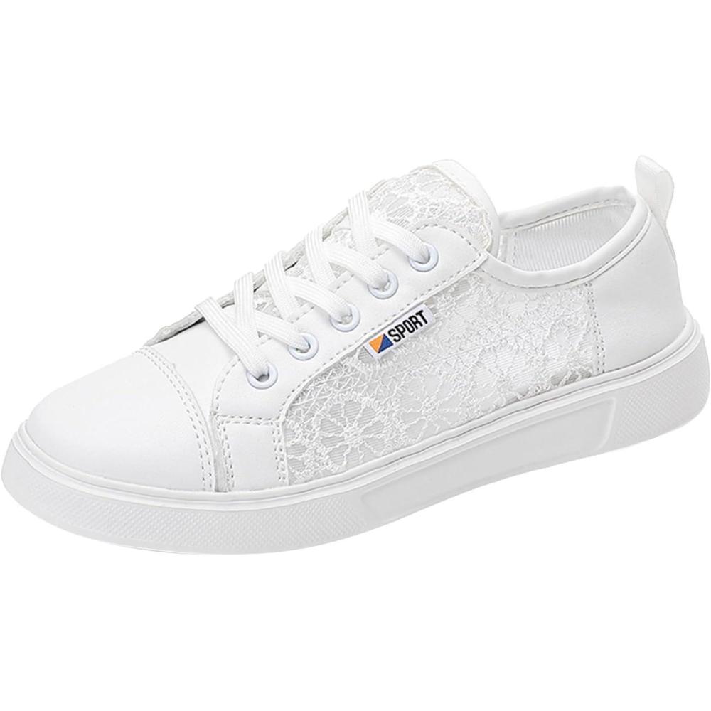 imageChaussures de loisirs pour femme Baskets orthopdiques brodes Dentelle respirante Chaussures lgantes lacets Chaussures de course lgres et sportives Chaussures plates Chaussures deBlanc