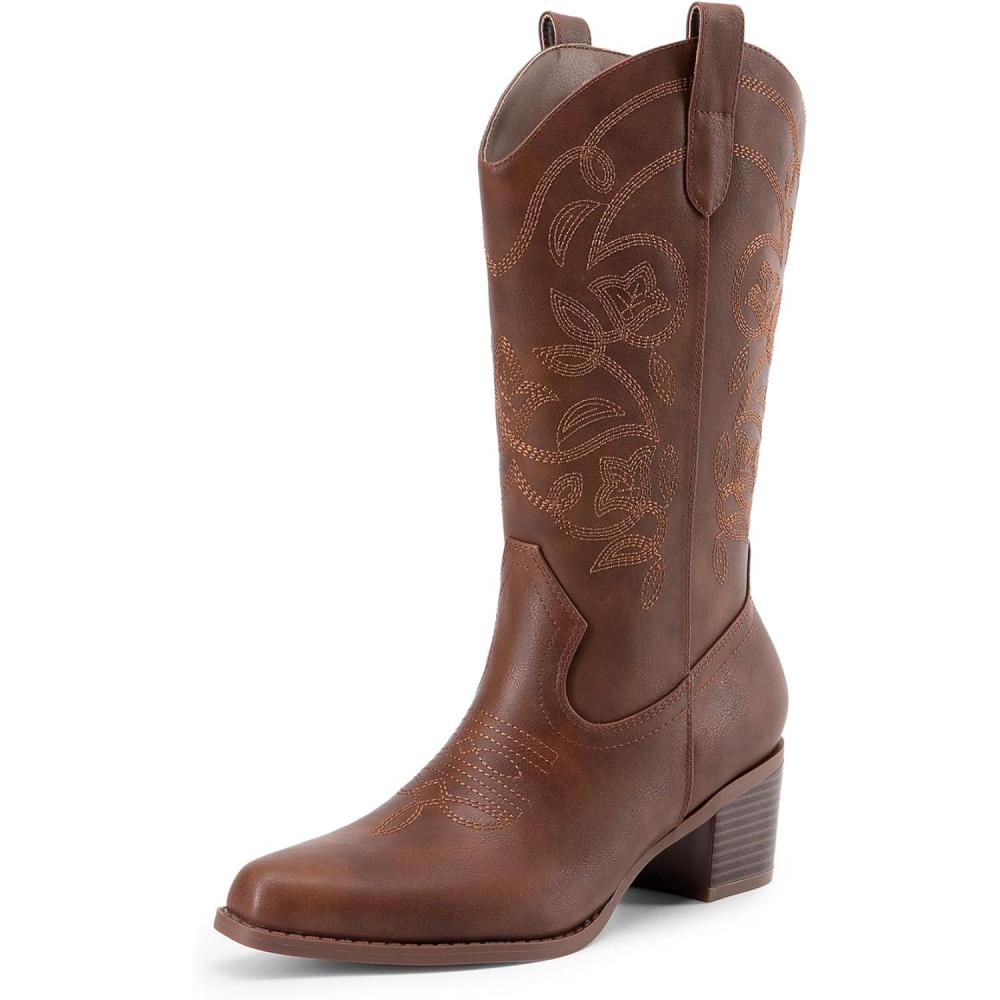 imageDREAM PAIRS Bottes de cowboy pour femme Bottes western de cowgirl Broderie tendance Talon pais Bottes mimolletMarron Pu