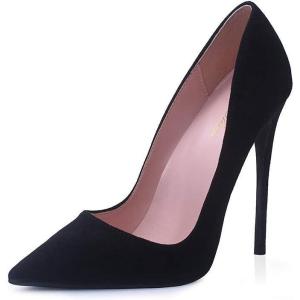Zhabtuc Escarpins Femme Talons Aiguilles en Daim 12CM, Talons Hauts Élégant à Bout Pointu Chaussures Fermées à Talons Aiguilles pour Robe de Mariée et Fête Stiletto Pompes(Daim Noir avec Semelle Noire)