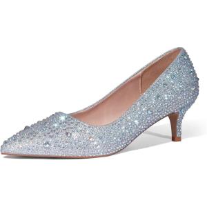 Zhabtuc Escarpins Classiques pour Femmes à Petit Talon Chaton Talons Bas à Bout Fermé 5CM Chaussures à Talons à Bout Pointu Talons pour Le Bureau, la Fête, Le Mariage(Strass Argentés)