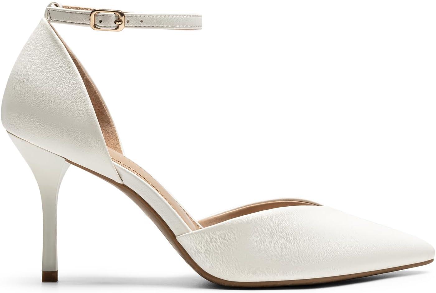 image:imageDREAM PAIRS Escarpins Femme Bout Pointu Talons Aiguilles 85 cm avec Bride Cheville Amovible Chaussures Confortables et lgantesBlanc Pu
