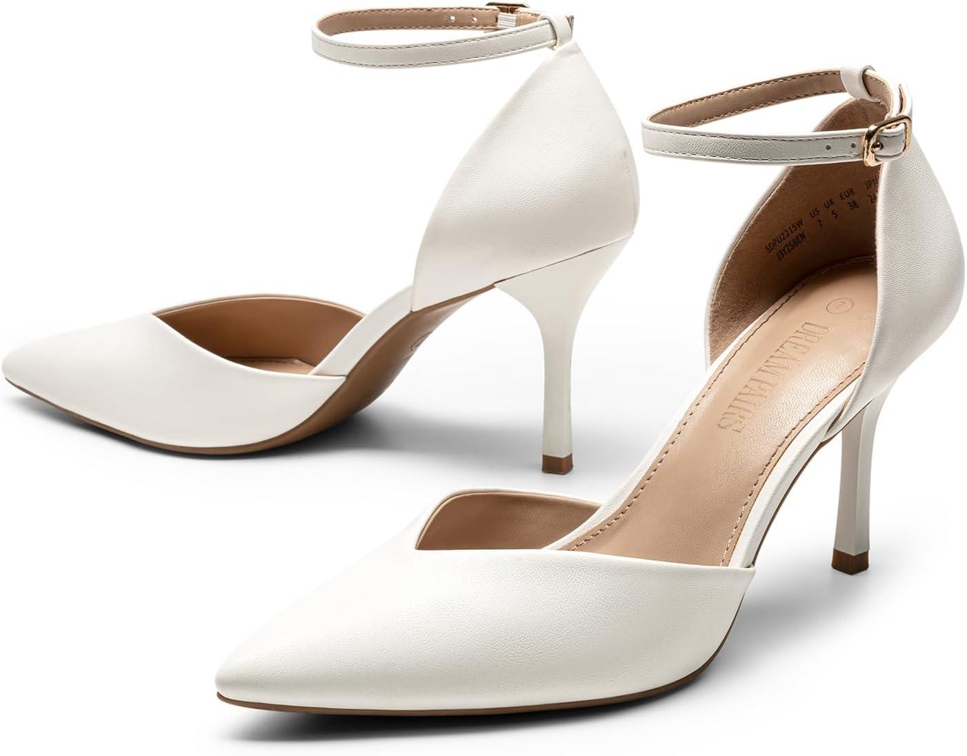 image:imageDREAM PAIRS Escarpins Femme Bout Pointu Talons Aiguilles 85 cm avec Bride Cheville Amovible Chaussures Confortables et lgantesBlanc Pu