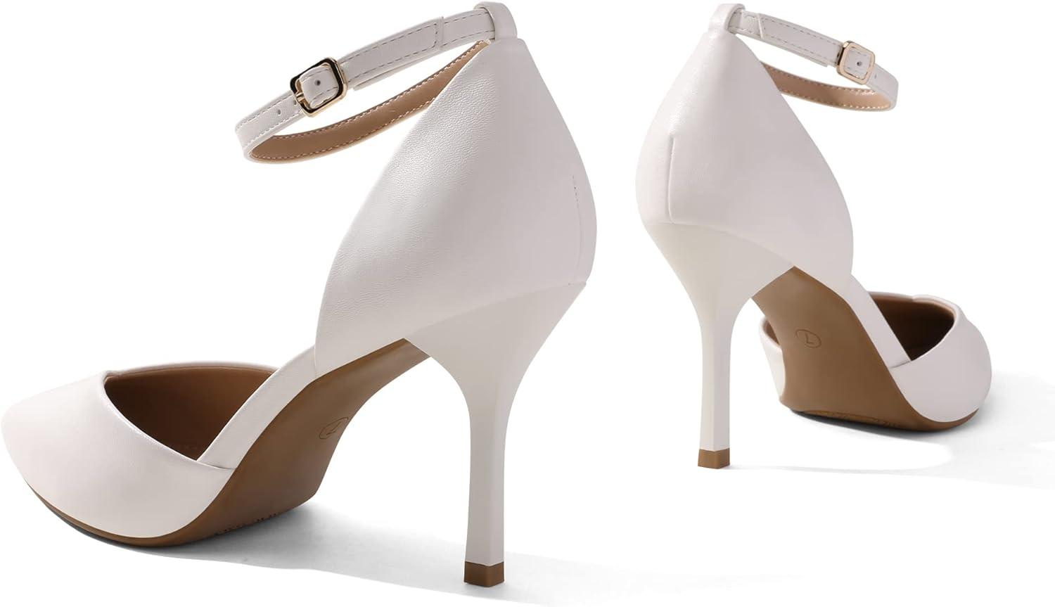 image:imageDREAM PAIRS Escarpins Femme Bout Pointu Talons Aiguilles 85 cm avec Bride Cheville Amovible Chaussures Confortables et lgantesBlanc Pu