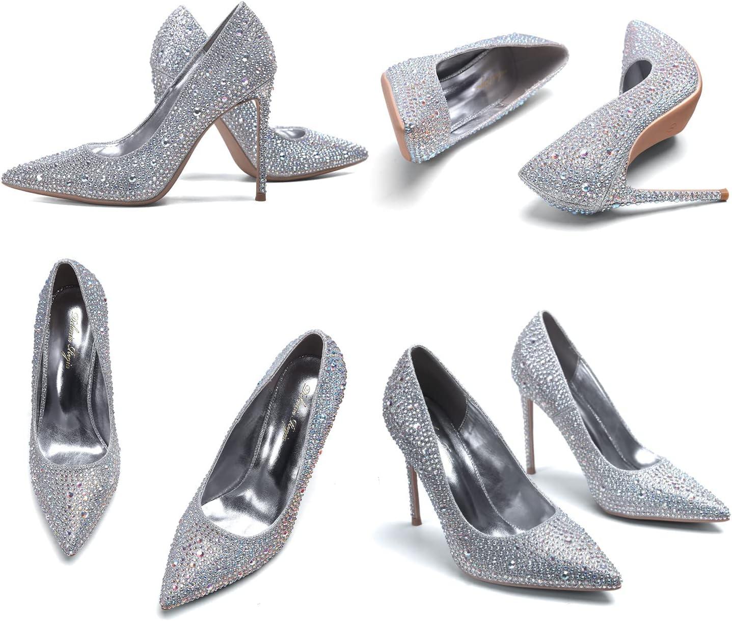 image:imageGENSHUO Femmes Mode Bout Pointu Escarpins Talons Hauts Sexy Slip on Stiletto Party Chaussures 12 CM 472INStrass Argent