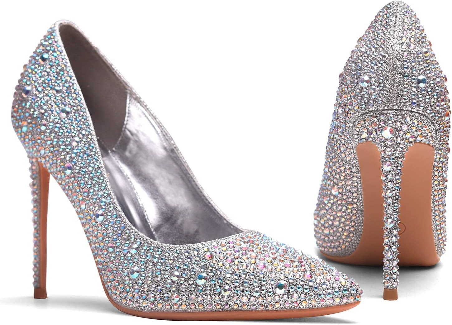 image:imageGENSHUO Femmes Mode Bout Pointu Escarpins Talons Hauts Sexy Slip on Stiletto Party Chaussures 12 CM 472INStrass Argent