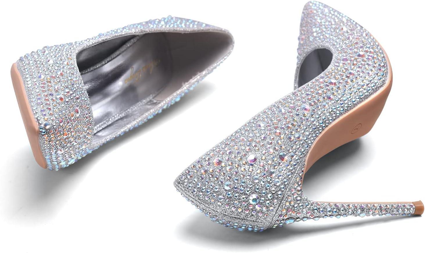image:imageGENSHUO Femmes Mode Bout Pointu Escarpins Talons Hauts Sexy Slip on Stiletto Party Chaussures 12 CM 472INStrass Argent