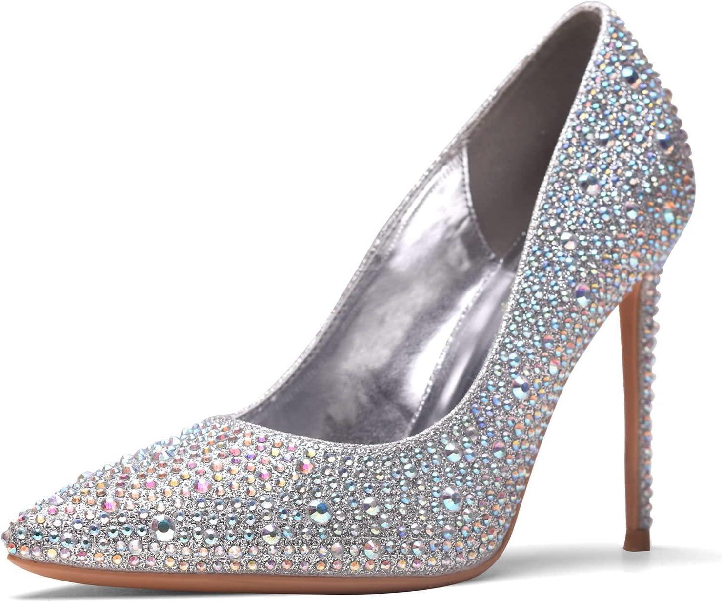 image:imageGENSHUO Femmes Mode Bout Pointu Escarpins Talons Hauts Sexy Slip on Stiletto Party Chaussures 12 CM 472INStrass Argent