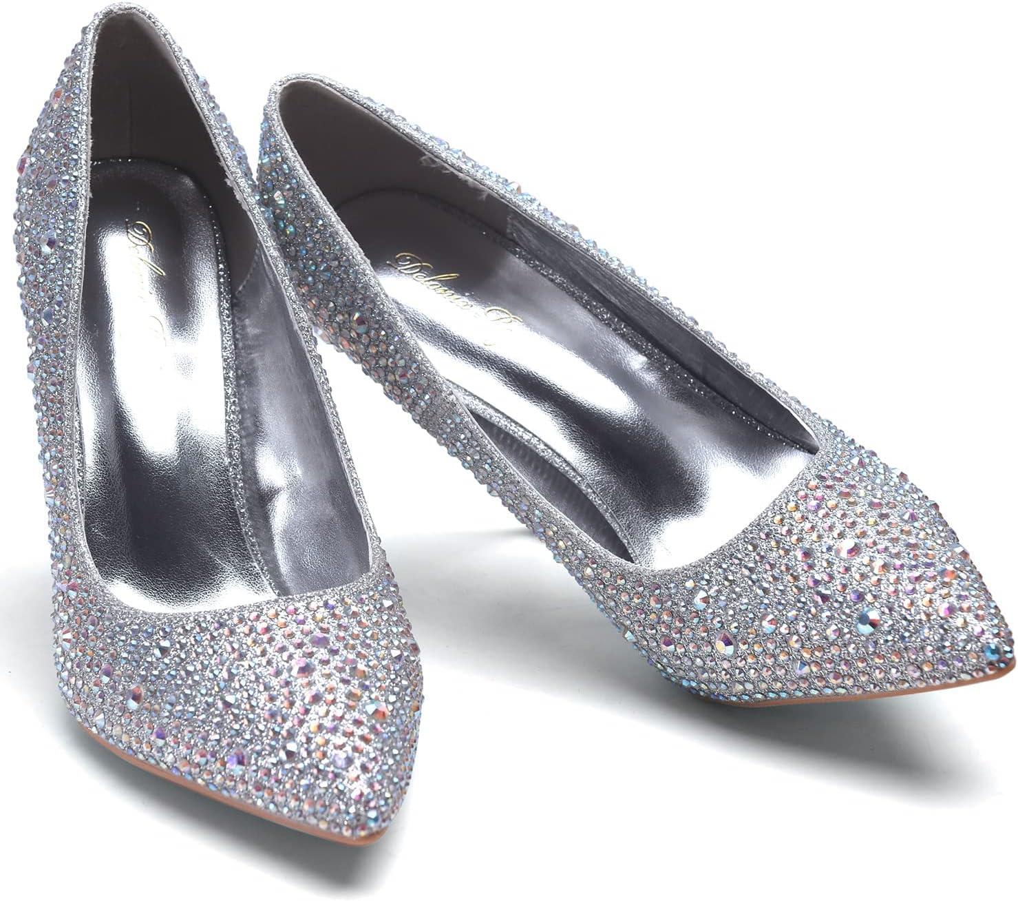 image:imageGENSHUO Femmes Mode Bout Pointu Escarpins Talons Hauts Sexy Slip on Stiletto Party Chaussures 12 CM 472INStrass Argent