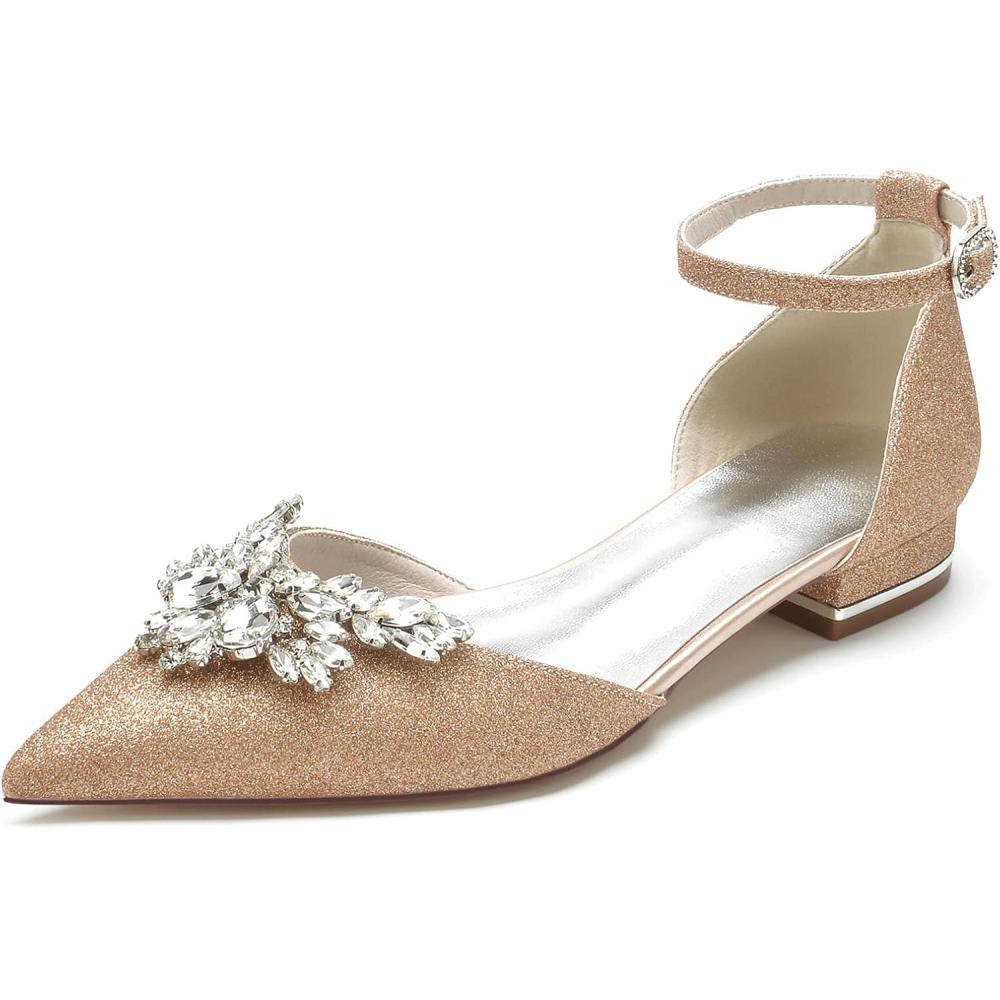 image:imageFGRID Chaussures Plates de marie Bout Pointu pour Femmes Escarpins de Mariage Bout ferm avec Strass Brillants Sandales Robe de Bal Talons Bas et Bride la ChevilleGold D Or