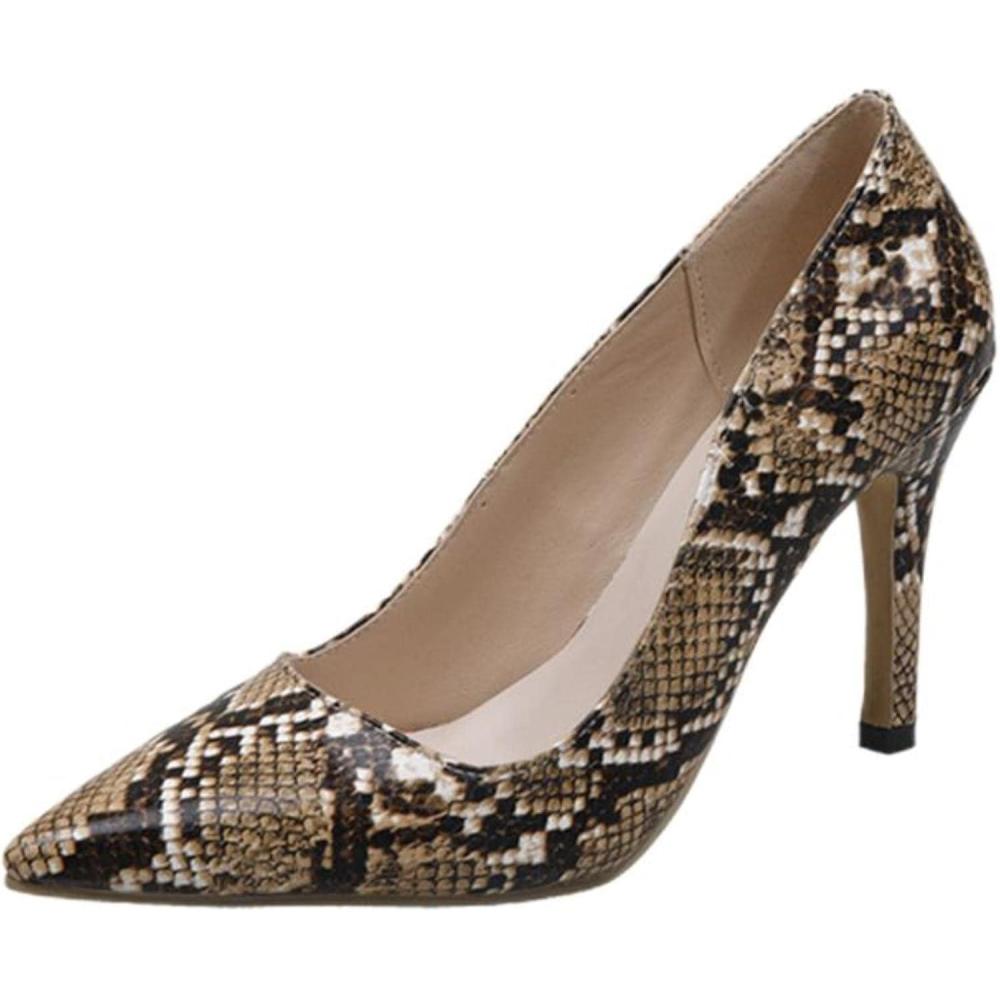 image:imageNouvelles chaussures talons fins pour femme 9 cm 10 cm Bout pointu Imprim serpent JauneSerpent Marron de 9 Cm