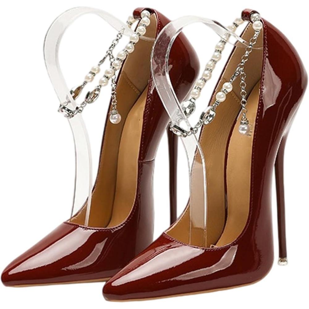 image:imageTalons Hauts de 16 cm pour Femmes et Hommes Escarpins Talons Aiguilles Grande Taille Bout Pointu pour soires costumes soires en bote travestisme et Pole DanceWine Red