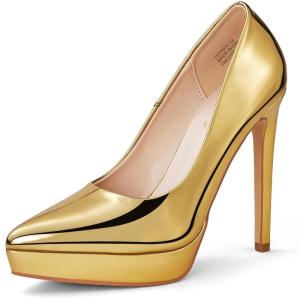 Zhabtuc Escarpins à Plateforme Classiques à Talons Aiguilles pour Femme – Chaussures de Mariage à Bout Pointu(Or)