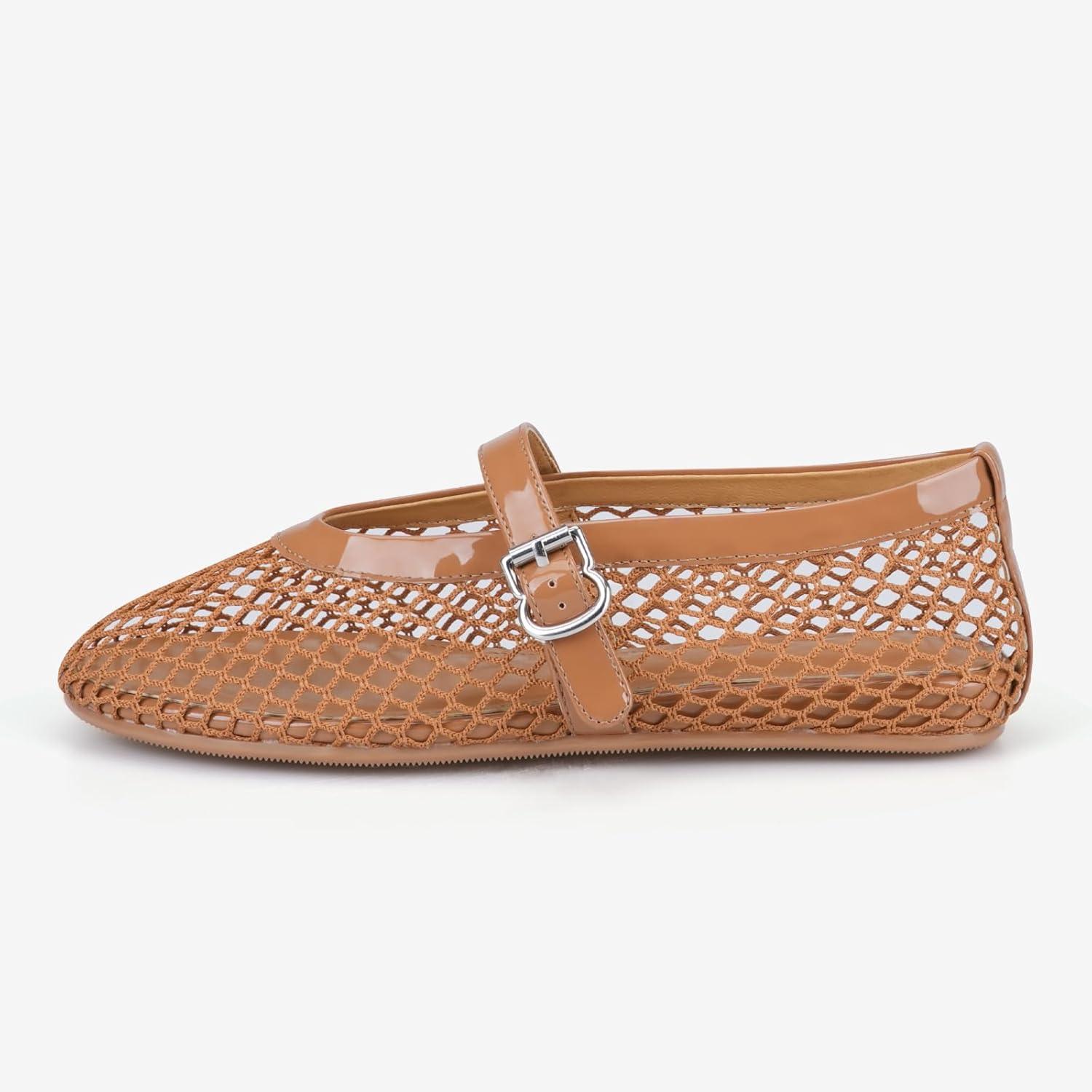image:imageAdrizzlein Ballerines plates en maille pour femme avec sangle boucle Large largeur Style dcontract Pour ltMarron