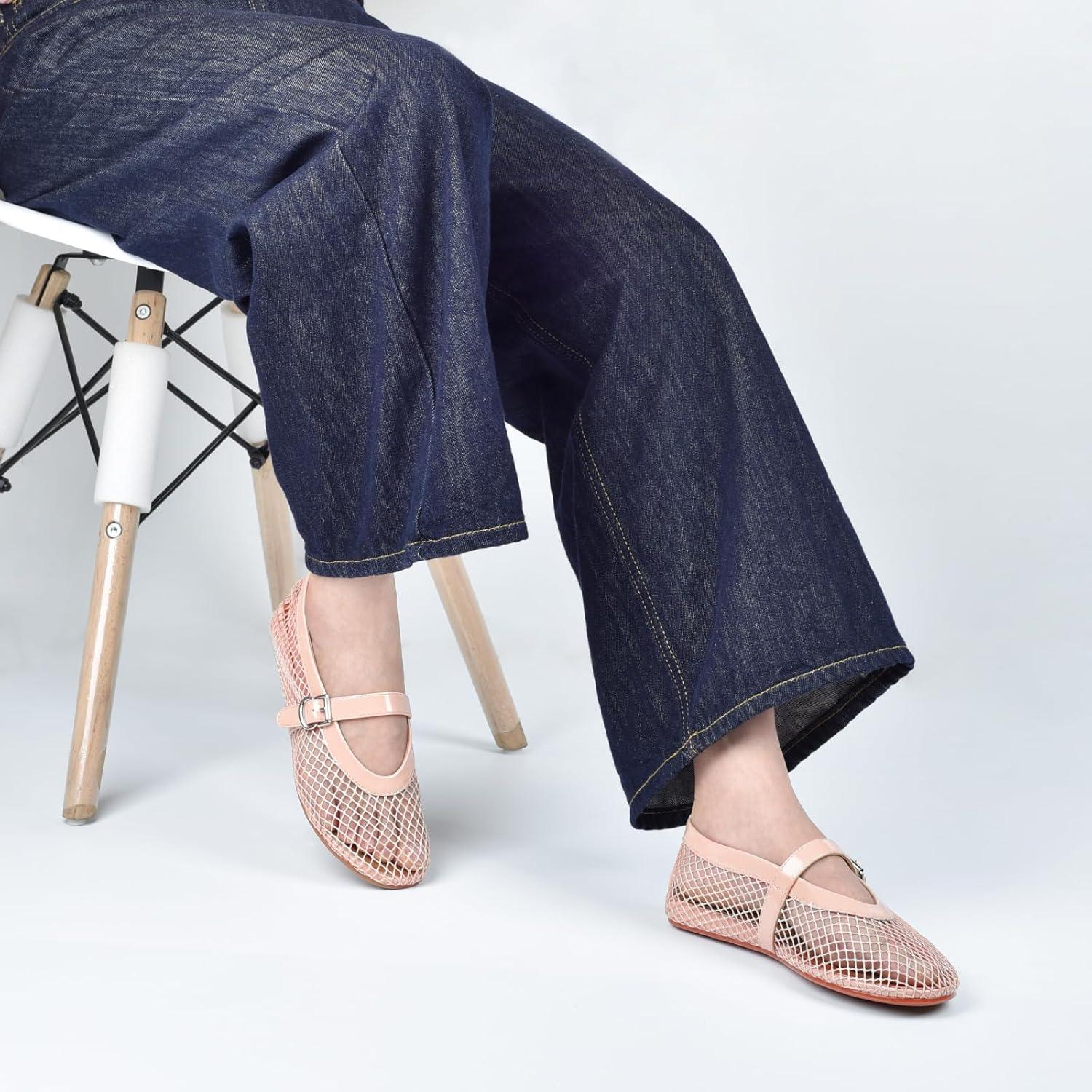 image:imageAdrizzlein Ballerines plates en maille pour femme avec sangle boucle Large largeur Style dcontract Pour ltNude