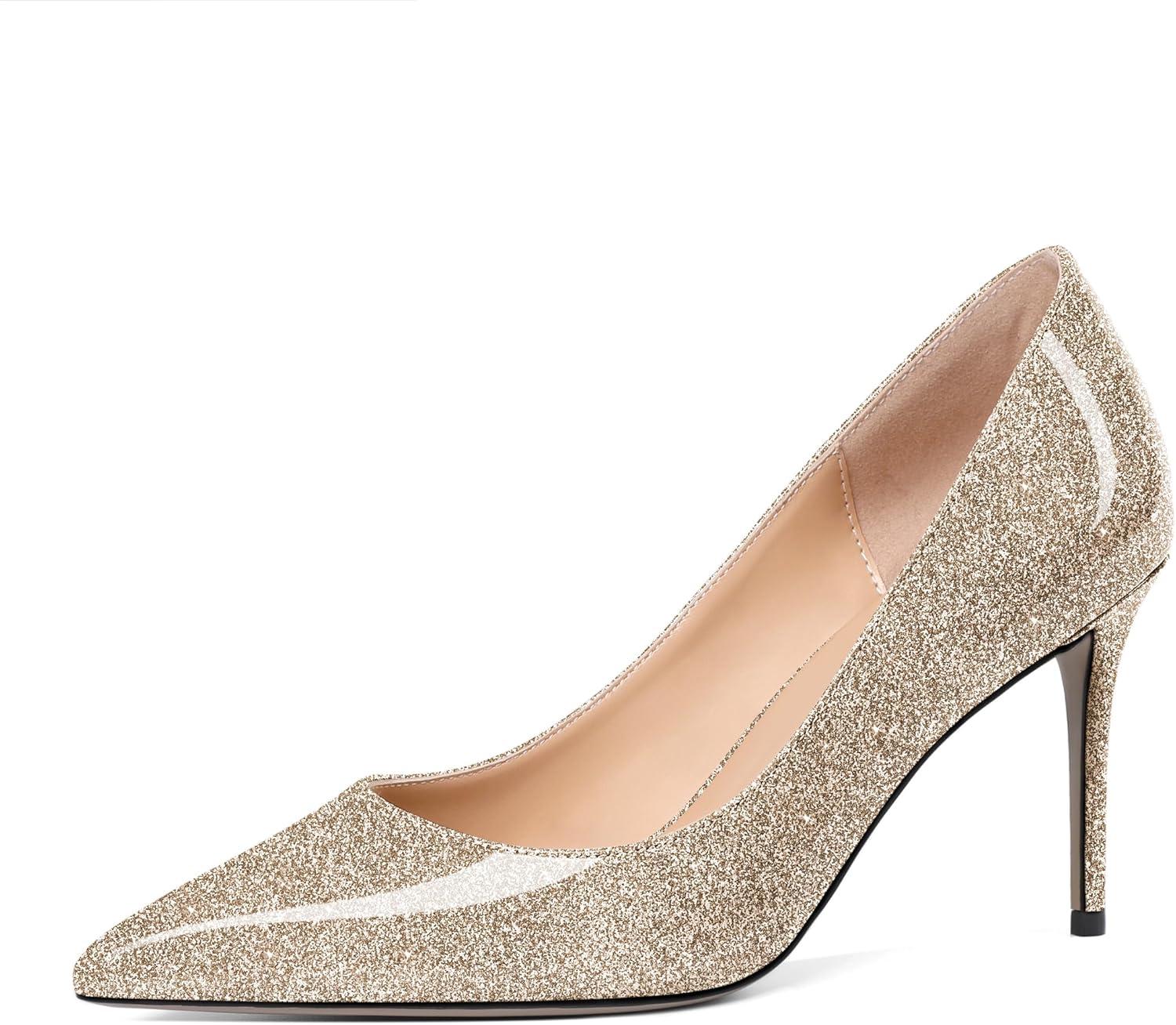 image:imageEDEFS Escarpins Femme Slip on Talon Aiguille Verni 8cm Ferm Bout Pointu lgant ampamp Sexy pour Mariage Bureau Ftes Argent Or EU35