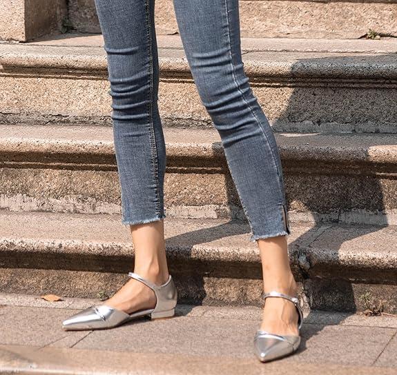 image:imageGENSHUO Ballerines pour Femmes Chaussures Plates Confortables habilles dcontractes Bout Pointu Escarpins Talon Bas de 1 PouceArgent