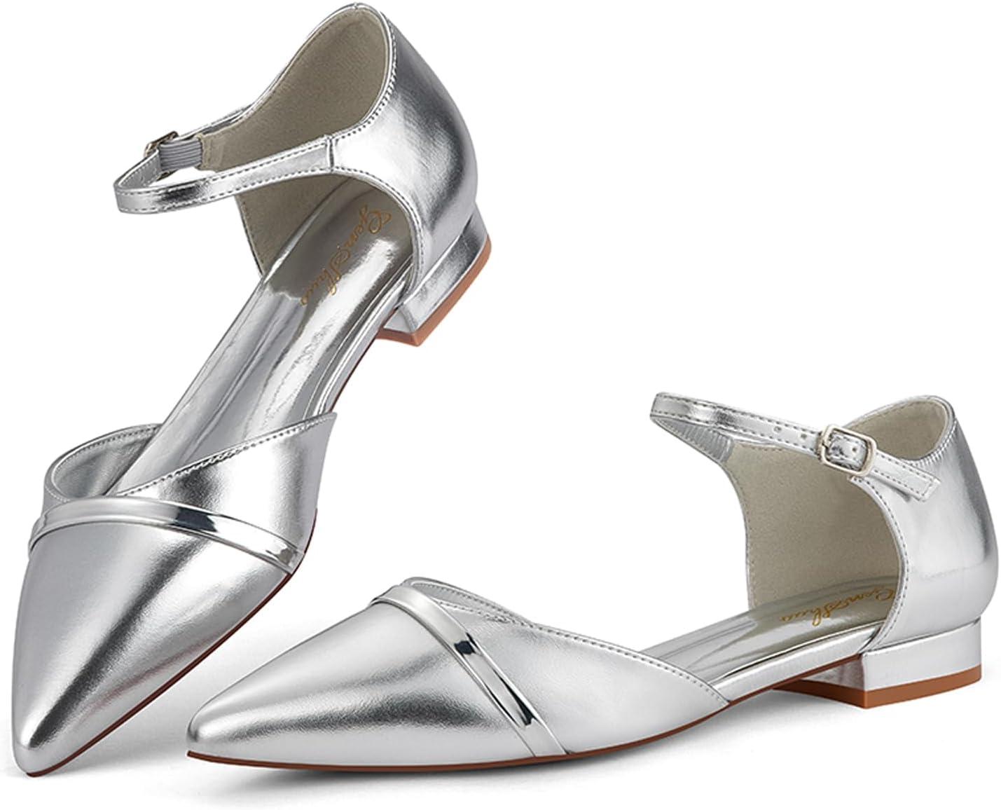 image:imageGENSHUO Ballerines pour Femmes Chaussures Plates Confortables habilles dcontractes Bout Pointu Escarpins Talon Bas de 1 PouceArgent