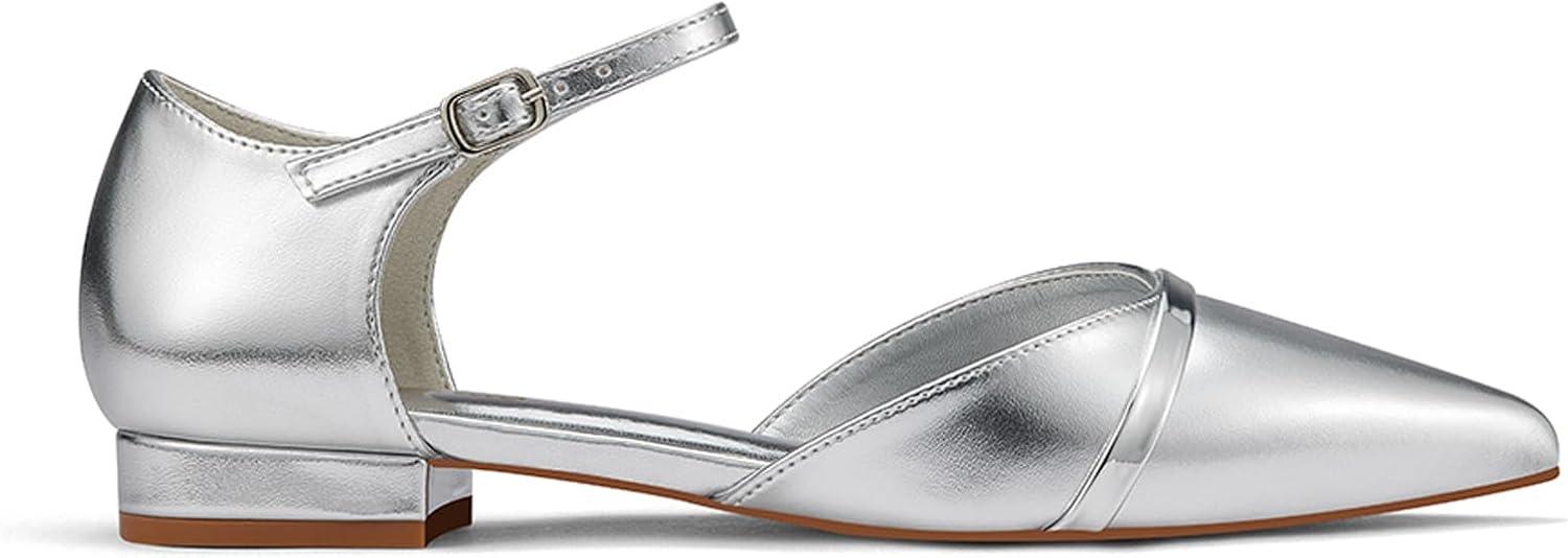 image:imageGENSHUO Ballerines pour Femmes Chaussures Plates Confortables habilles dcontractes Bout Pointu Escarpins Talon Bas de 1 PouceArgent