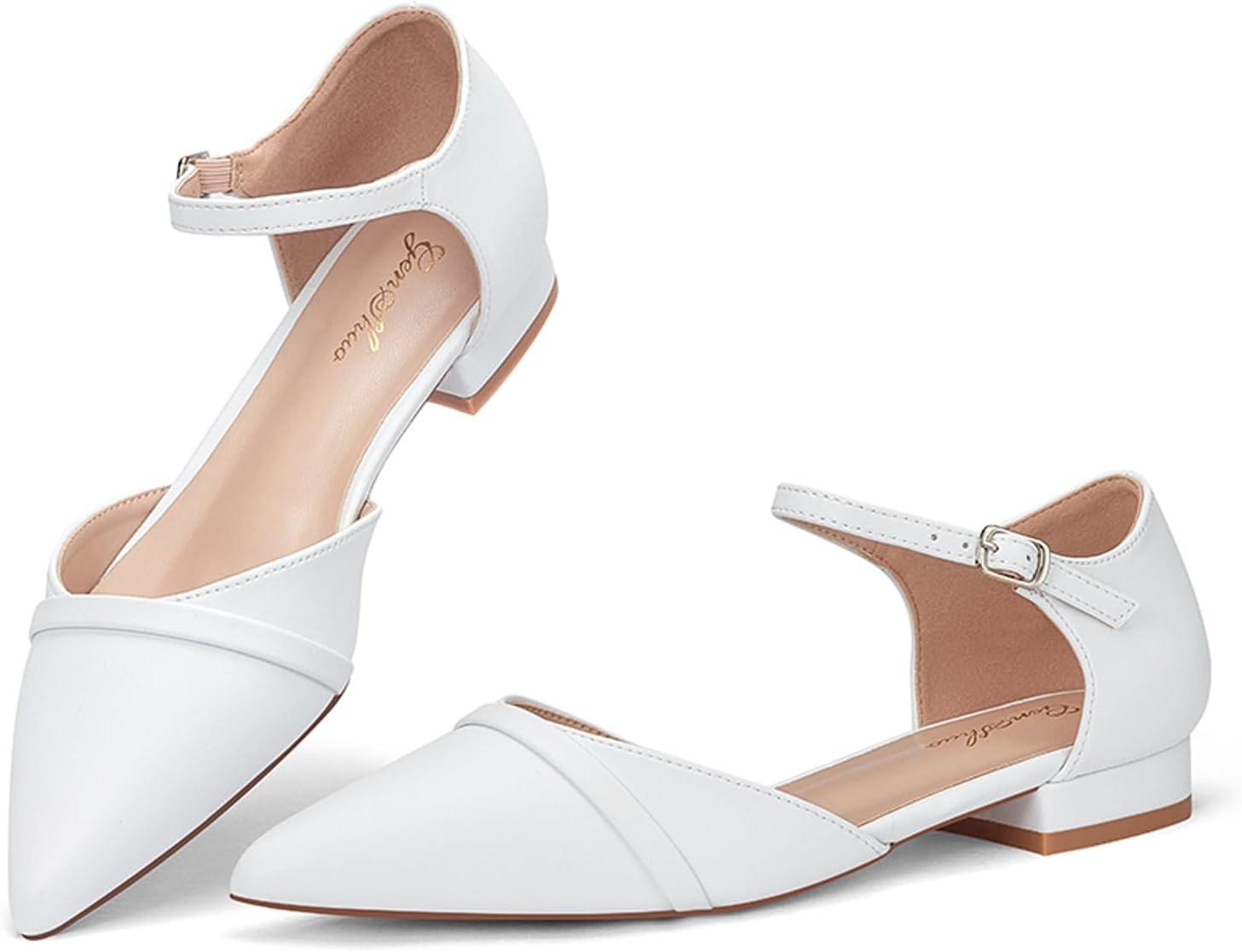 image:imageGENSHUO Ballerines pour Femmes Chaussures Plates Confortables habilles dcontractes Bout Pointu Escarpins Talon Bas de 1 PouceBlanc