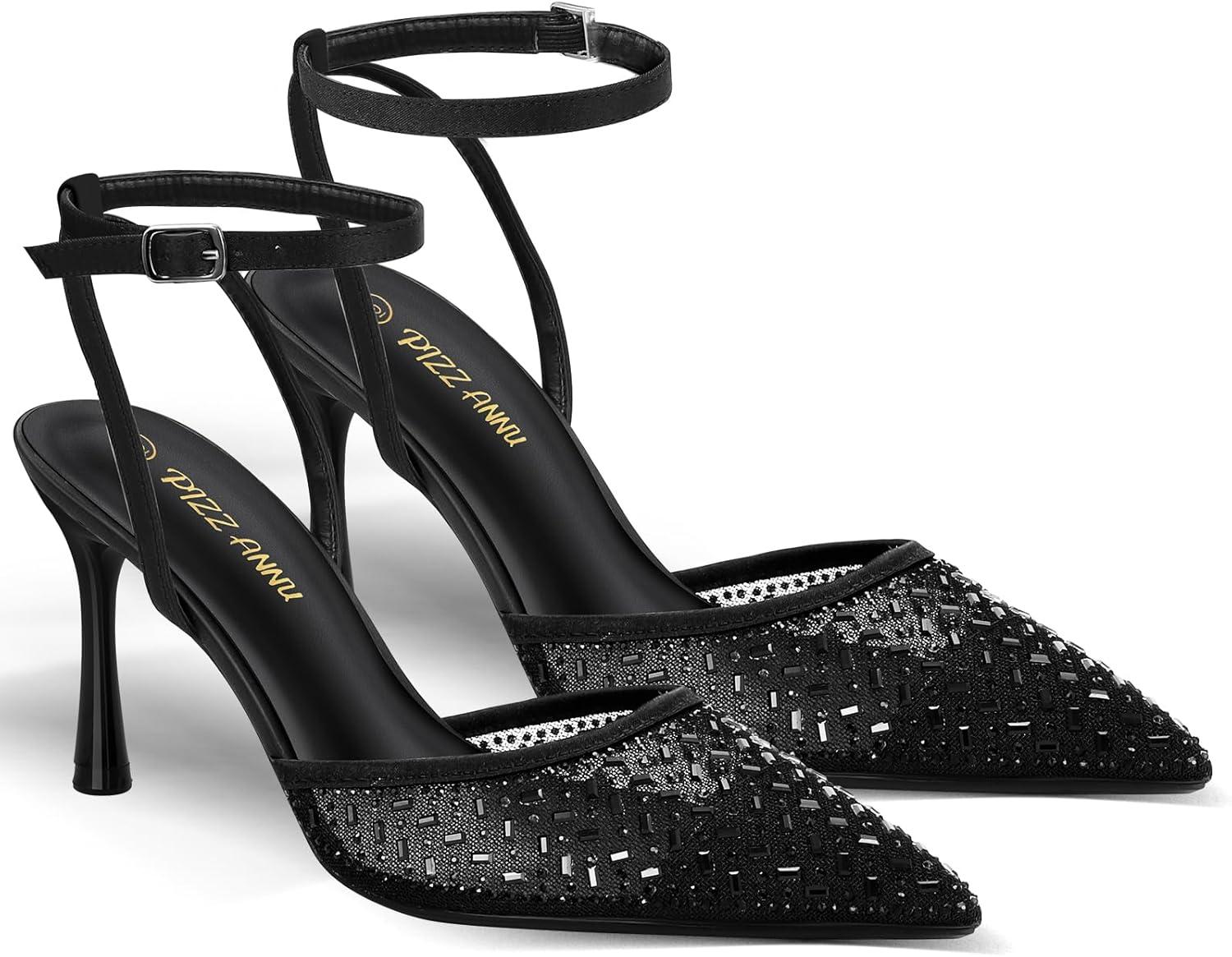 image:imagePIZZ ANNU Escarpins Femme Talon Aiguille Confortable Chaussure de Danse Bout Pointu Lanire Cheville Haut Sexy Heel Dance ShoesNoir