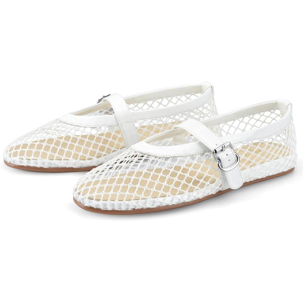 image:imageAdrizzlein Ballerines plates en maille pour femme avec sangle  boucle  Large largeur  Style dcontract  Pour ltBlanc