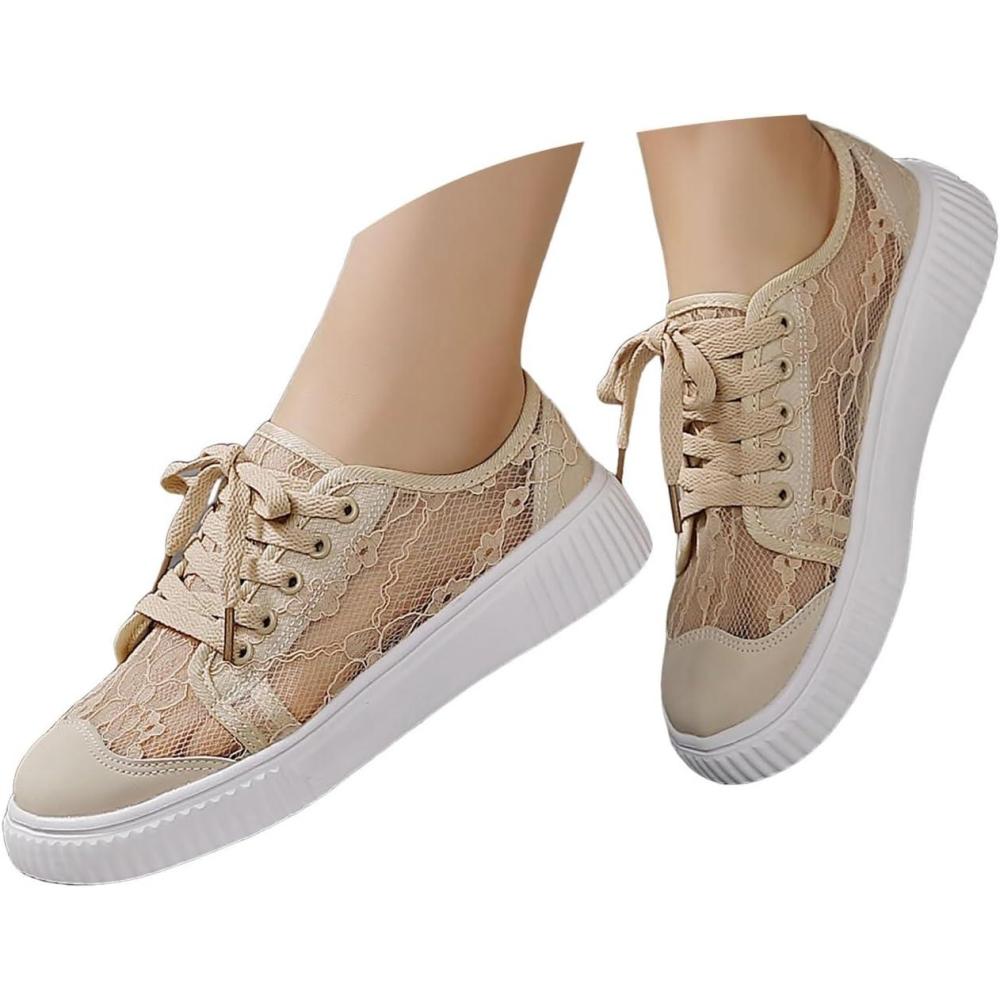image:imageBaskets pour femme blanches lgres douces blanches dcontractes chaussures plates tendance et respirantes avec dentelle brode1 Kaki