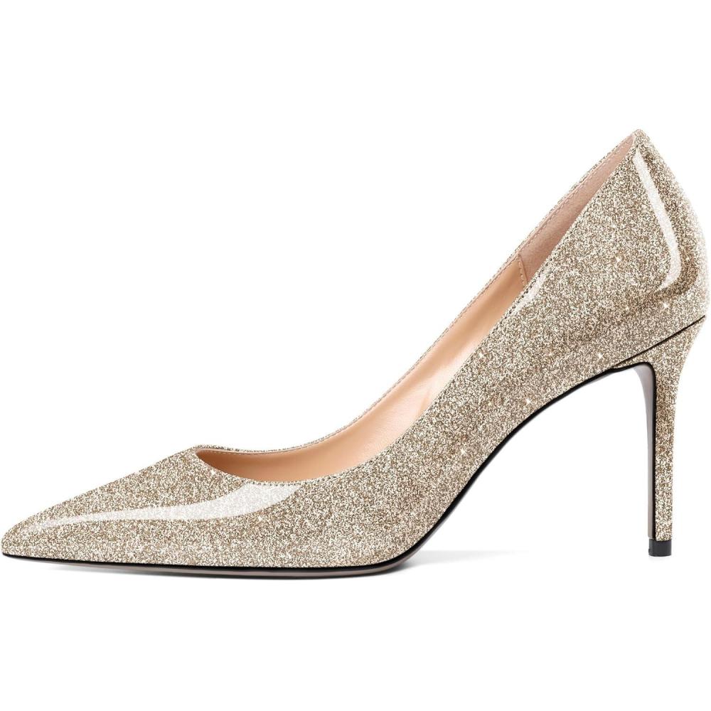 image:imageEDEFS Escarpins Femme Slip on Talon Aiguille Verni 8cm Ferm Bout Pointu lgant ampamp Sexy pour Mariage Bureau Ftes Argent Or EU35