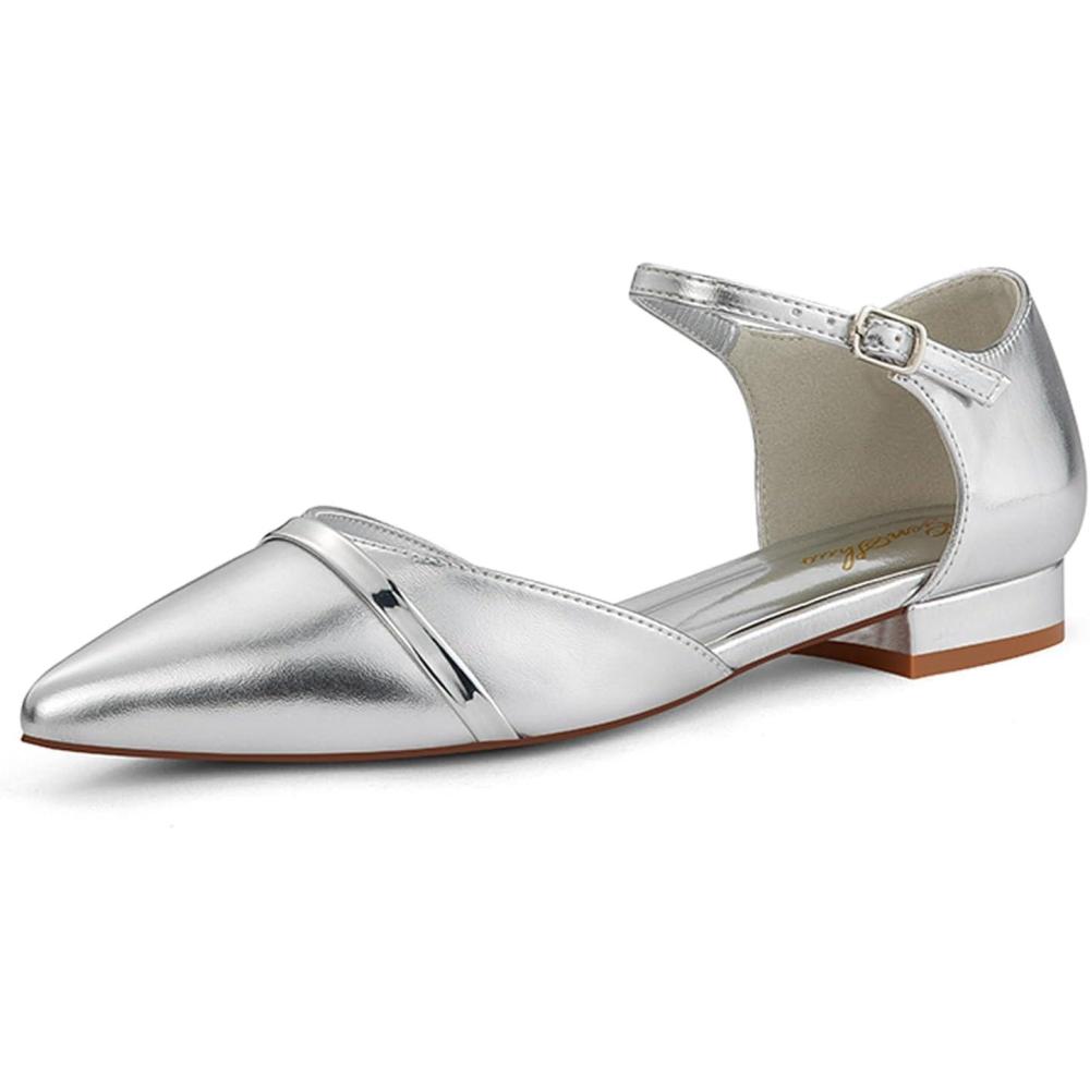 image:imageGENSHUO Ballerines pour Femmes Chaussures Plates Confortables habilles dcontractes Bout Pointu Escarpins Talon Bas de 1 PouceArgent