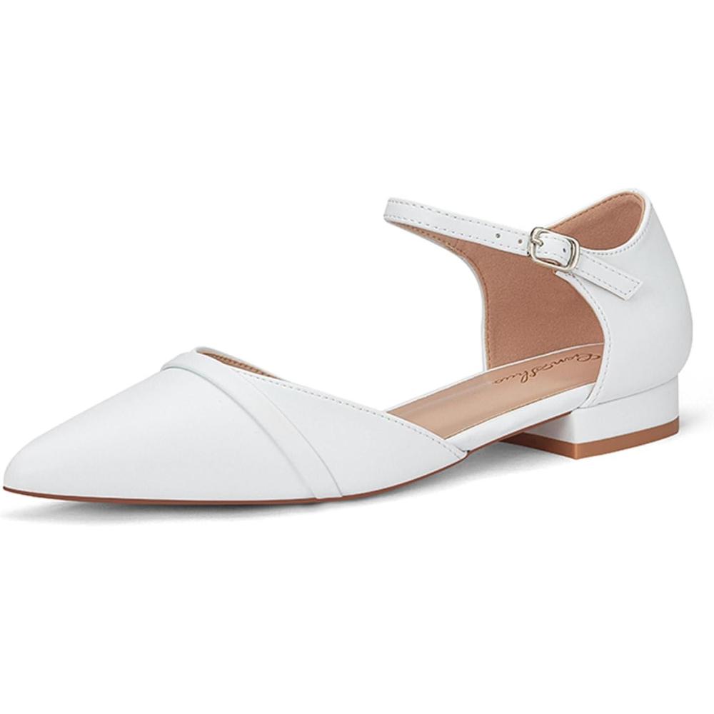 image:imageGENSHUO Ballerines pour Femmes Chaussures Plates Confortables habilles dcontractes Bout Pointu Escarpins Talon Bas de 1 PouceBlanc