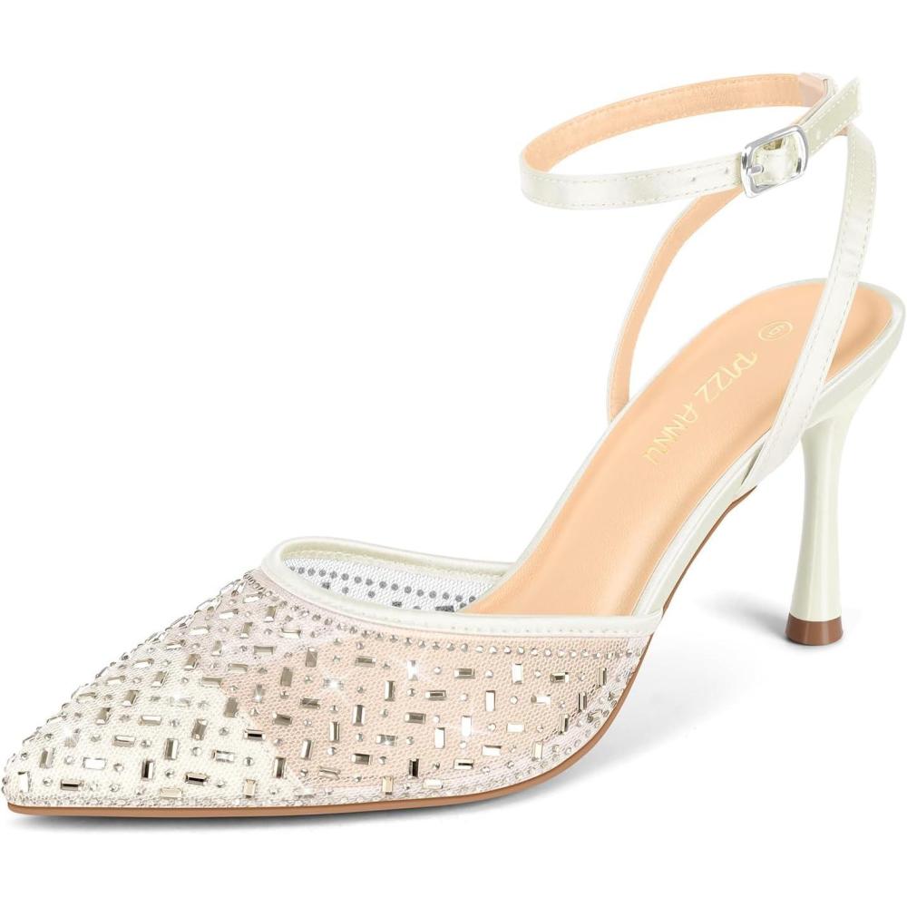 image:imagePIZZ ANNU Escarpins Femme Talon Aiguille Confortable Chaussure de Danse Bout Pointu Lanire Cheville Haut Sexy Heel Dance ShoesBlanc