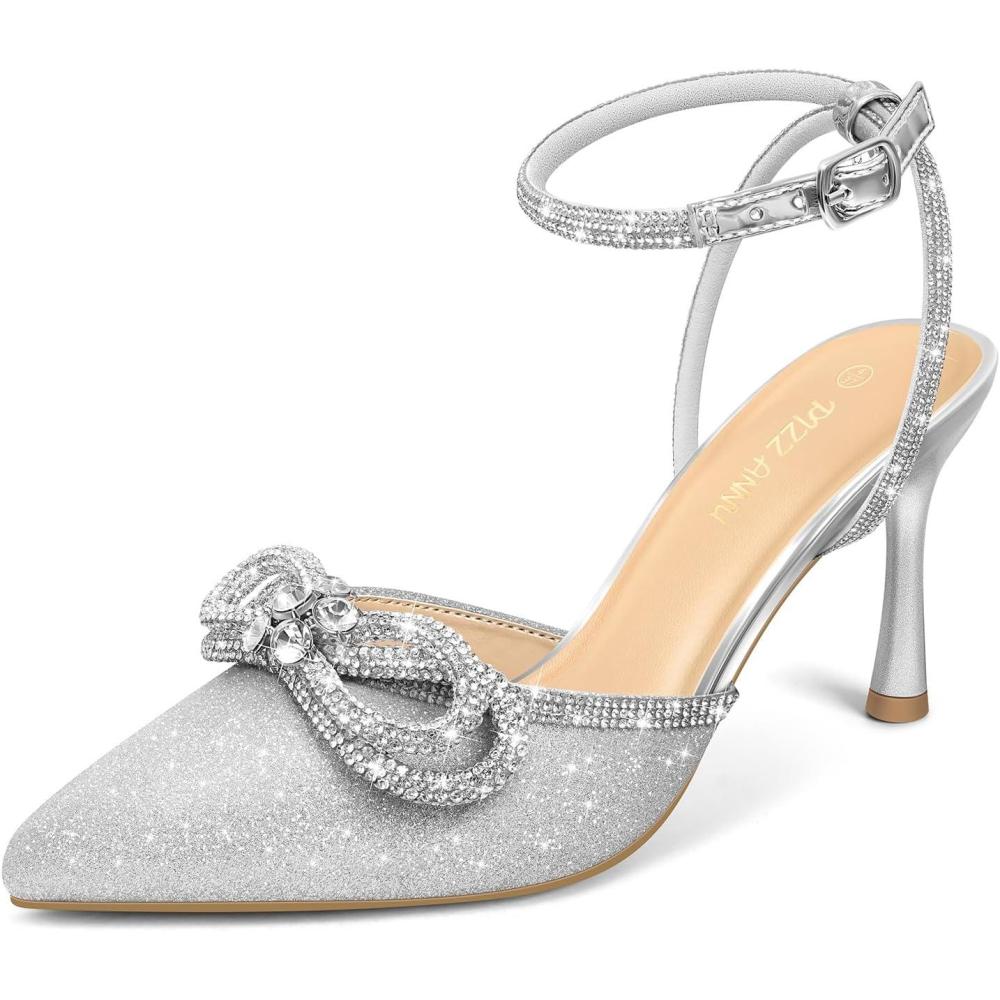 image:imagePIZZ ANNU Escarpins Femme Talon Aiguille Confortable Chaussure de Danse Bout Pointu Lanire Cheville Haut Sexy Heel Dance ShoesN Ud Argent
