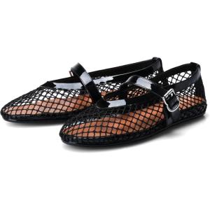 Adrizzlein Ballerines plates en maille pour femme avec sangle à boucle – Large largeur – Style décontracté – Pour l&rsquo;été(Noir)