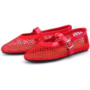 Adrizzlein Ballerines plates en maille pour femme avec sangle à boucle – Large largeur – Style décontracté – Pour l&rsquo;été(Rouge)