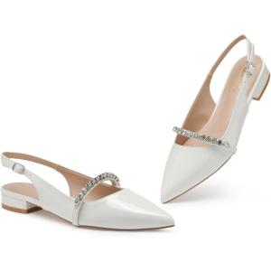 Zhabtuc Ballerines à Bride arrière pour Femmes avec Strass et Bout Pointu pour Femmes Chaussures habillées(Vernis Blanc)